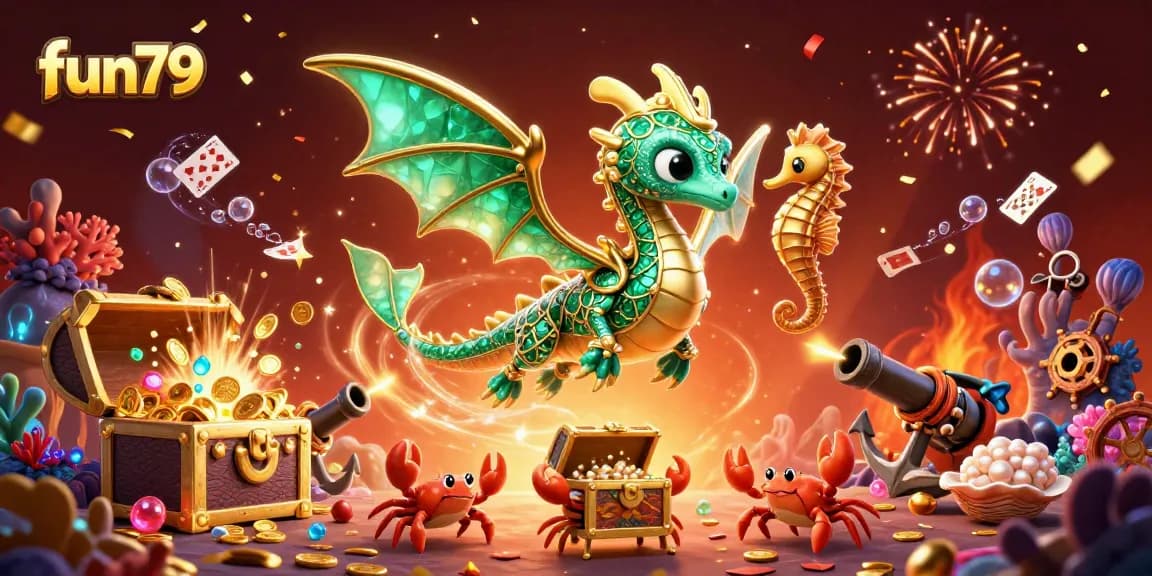 Win big with fun79's exciting gaming atmosphere featuring emerald sea dragon surrounded by treasures.