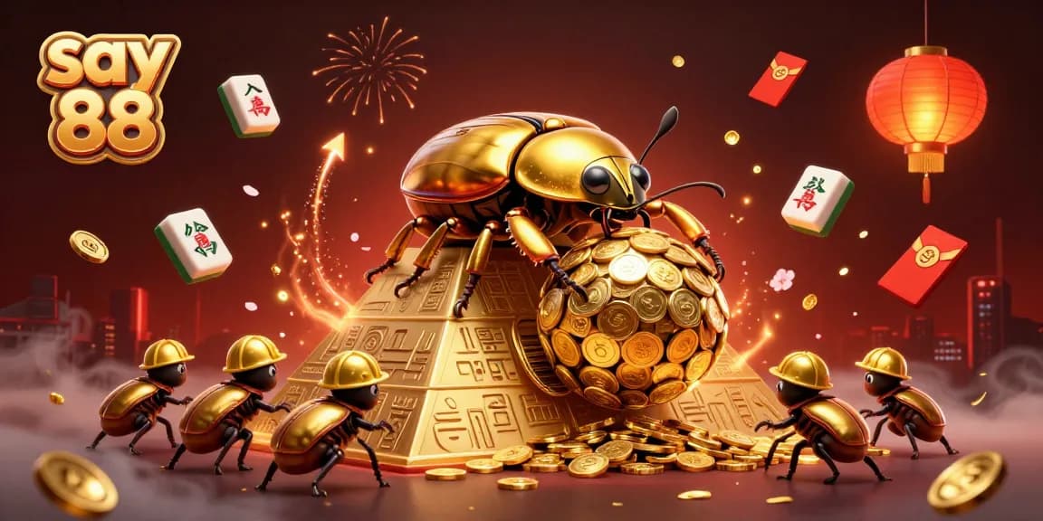 Join in the excitement of say 88 as a golden beetle rolls coins to win in this vibrant casino scene.