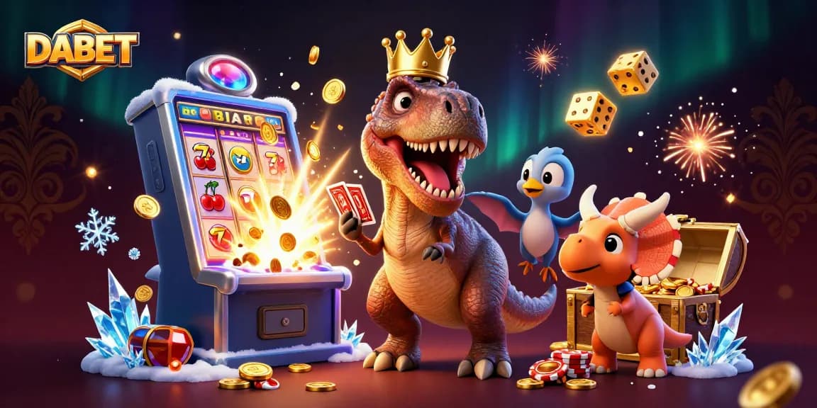 DABET offers an exciting online gaming experience with a T-Rex dealer and vibrant casino elements.