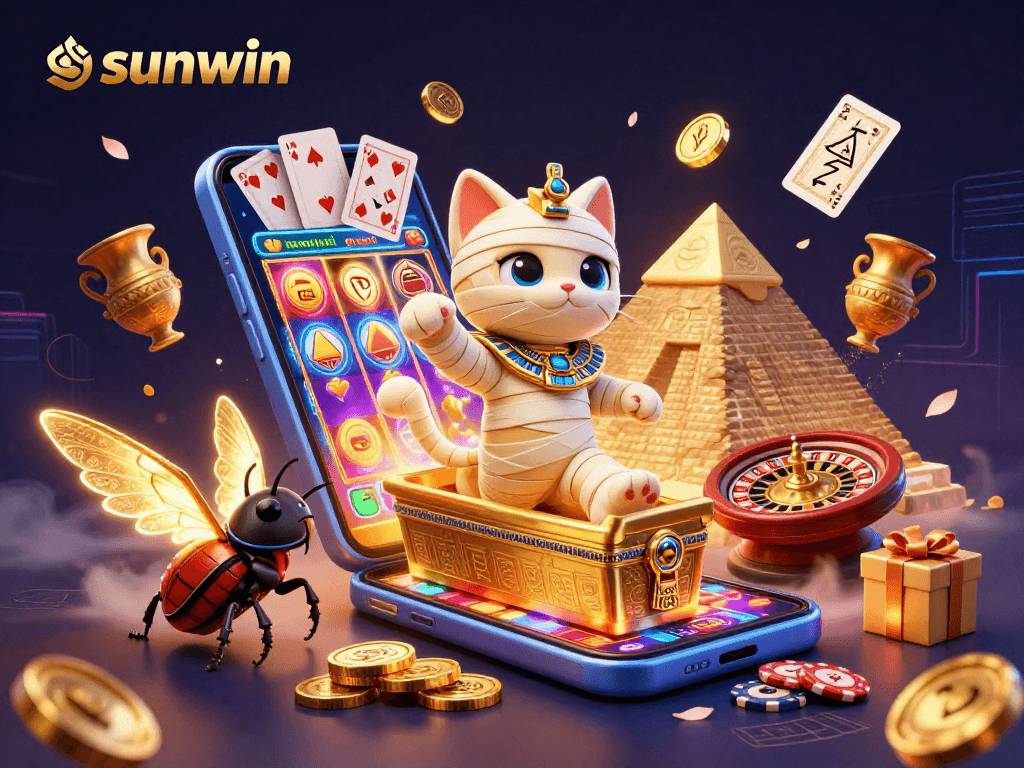 Sunwin enhances excitement with a vibrant scene featuring a mummy cat and a scarab beetle in a casino.