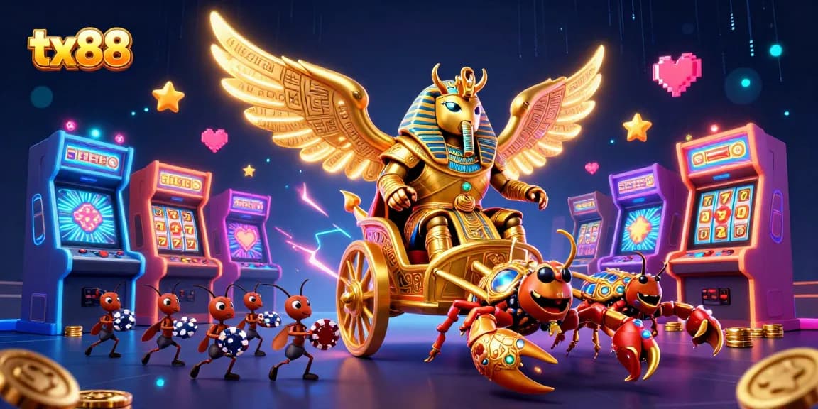 Experience thrilling slots action with tx88's vibrant 3D illustration featuring a golden beetle and scorpions.