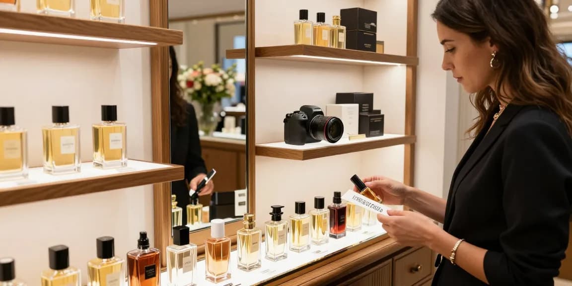 Een vrouw die Paris Corner parfum test in een elegante parfumboutique met stijlvolle displays en warme verlichting.