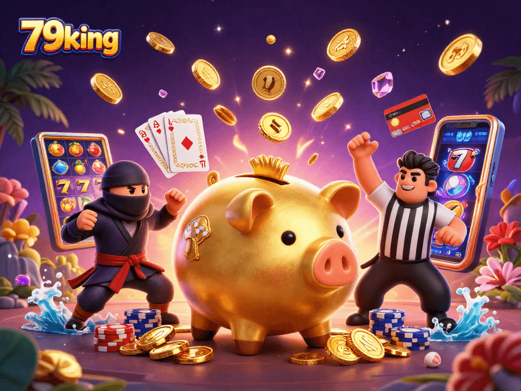 Experience the thrill of 79king with giant characters, coins, and slot symbols in a colorful casino scene.