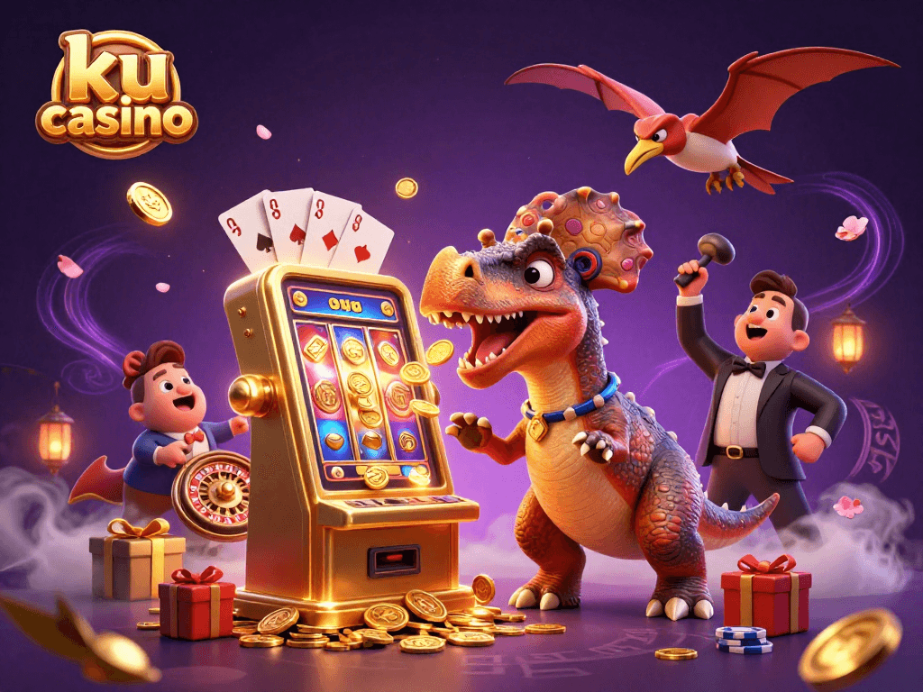 ku casino showcases thrilling jackpot action with 3D cartoon dinosaurs amidst slot games and winning coins