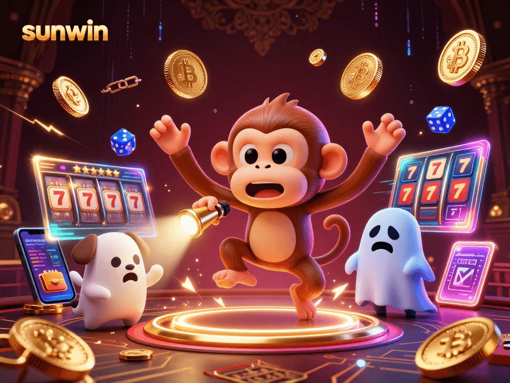 Engage with sunwin's virtual haunted casino adventure featuring a playful ghost and crypto elements.