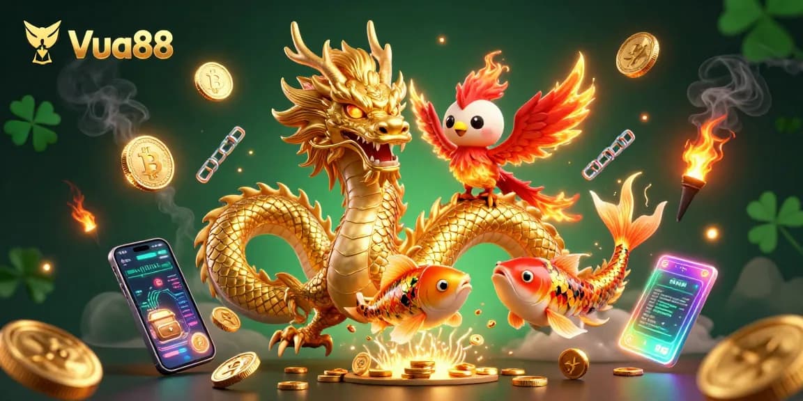 Experience Vua88 with a fierce dragon, phoenix, and koi fish in a vibrant casino atmosphere, rich with gold coins.