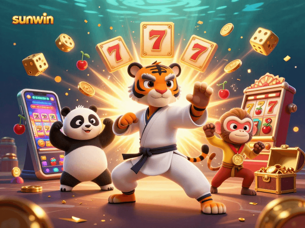 Experience the thrill of sunwin's gaming action with a vibrant 3D illustration of a kung fu tiger master.