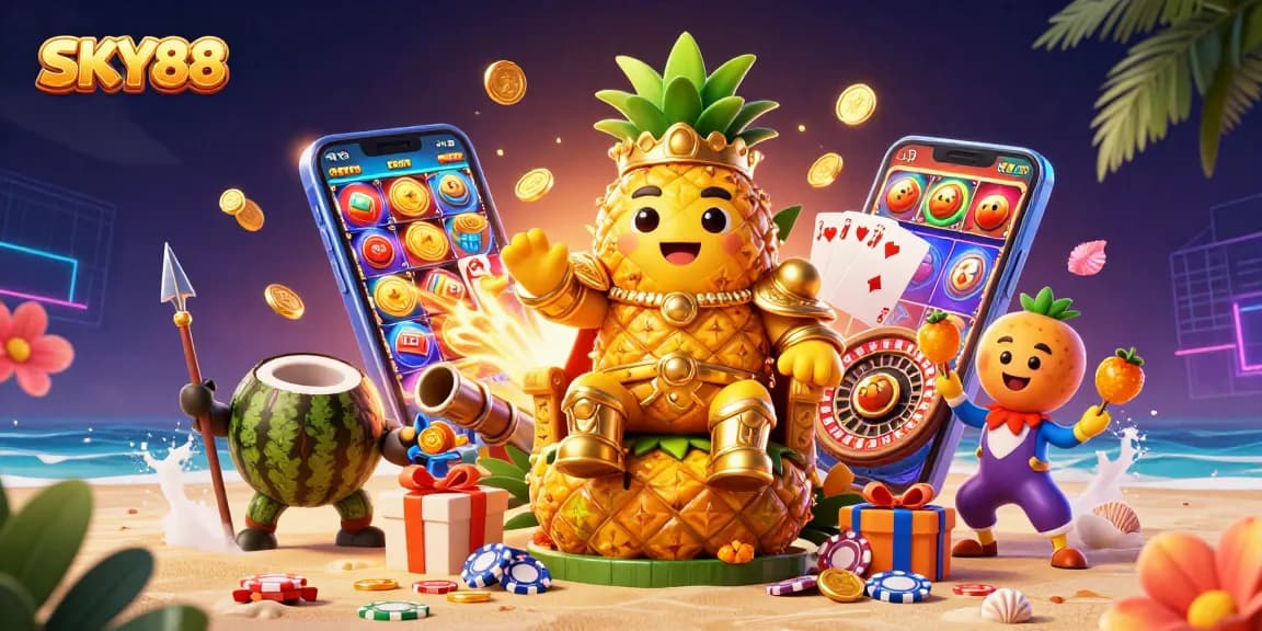 Join the fun at SKY88 with the golden pineapple king and tropical casino adventures!