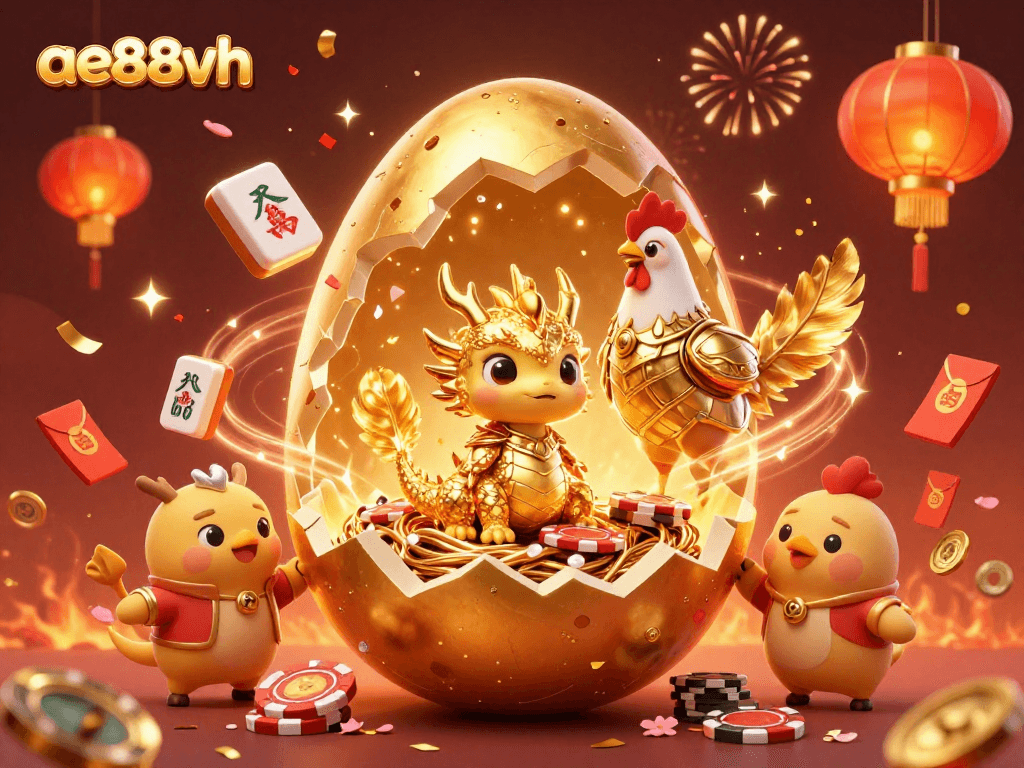 Win at ae888vh with an enchanting scene of a dragon in a golden poker chip nest amidst festive elements.