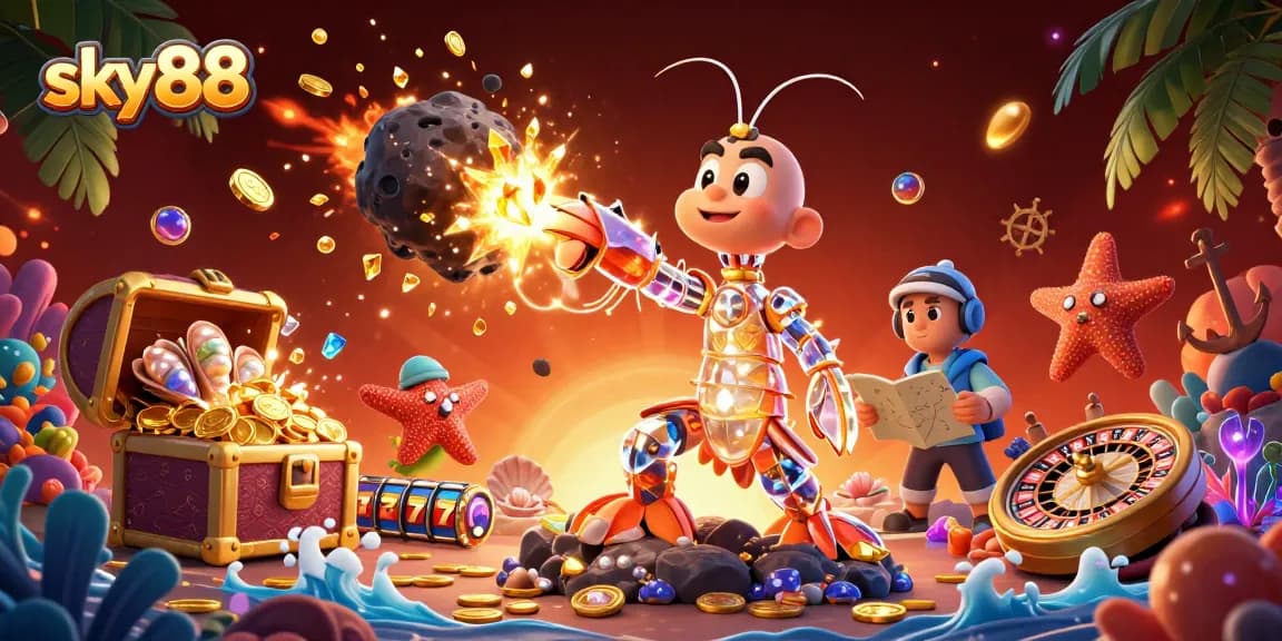 Engage with sky88's vibrant casino world, featuring a mantis shrimp and starfish amidst golden gems and dynamic gambling elements.