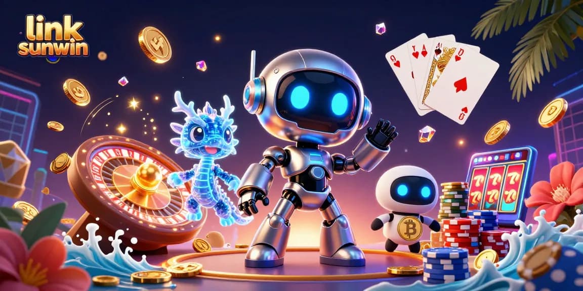 Win big with link sunwin in vibrant 3D casino illustration featuring cute characters and lively game elements.