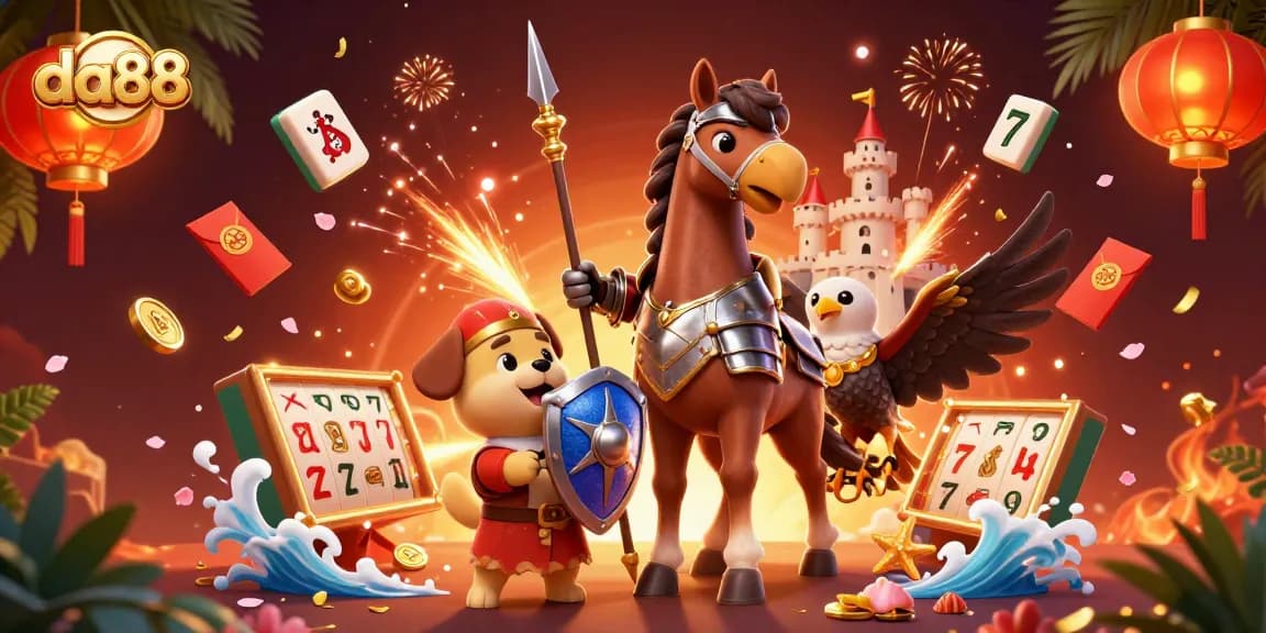 Engage with da88's vibrant gaming scene featuring a knight, puppy, and falcon amidst dynamic gambling elements.