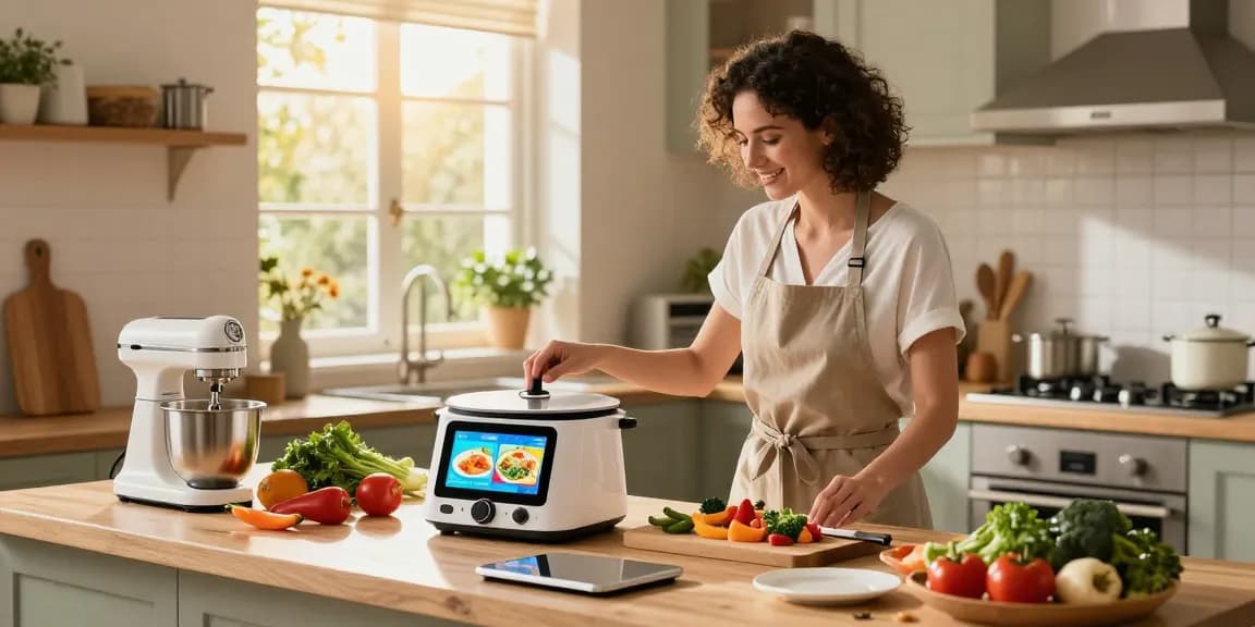 Home cook preparing a meal with AI cooking gadgets, showcasing modern kitchen innovations and fresh ingredients.