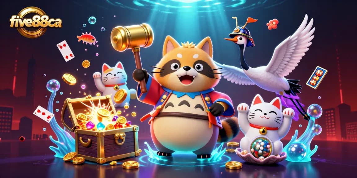 Engage with five88ca's vibrant 3D casino illustration featuring cheerful characters and dynamic game elements.