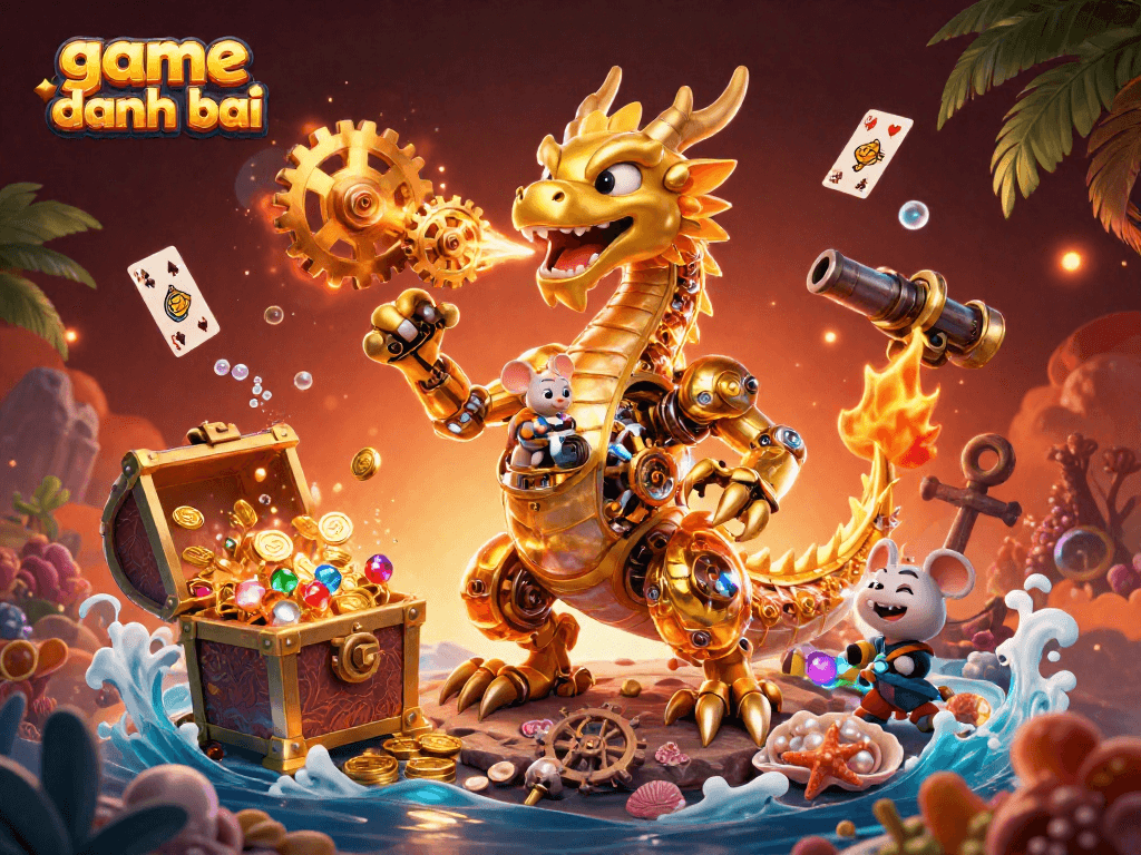 Engage in game danh bai with a vibrant dragon and sparkling treasures in this dynamic 3D scene.