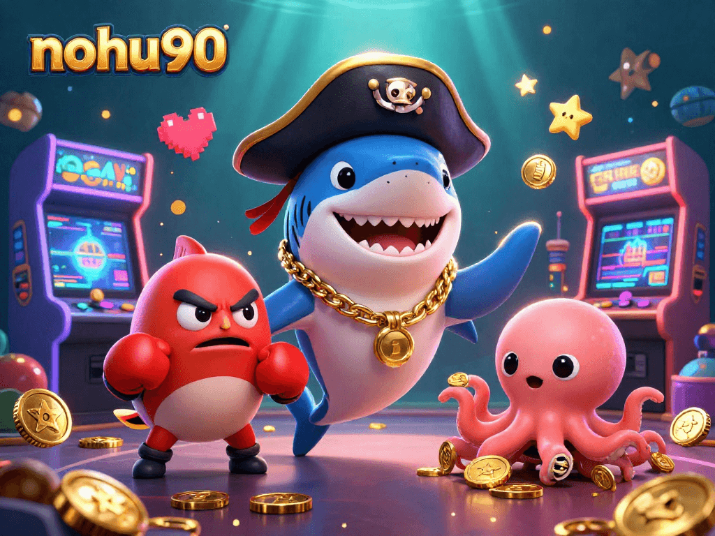 Navigate games with nohu90 featuring playful characters amidst a rich casino scene.