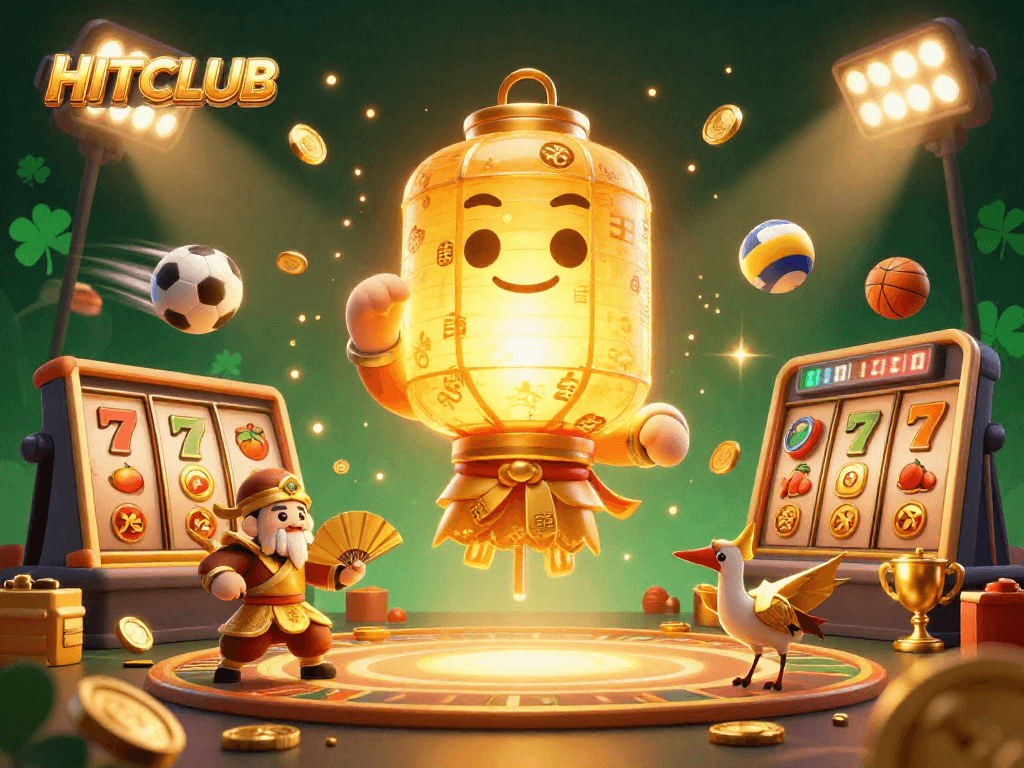 Experience excitement at HITCLUB with a dynamic casino scene showcasing golden spirits and lively game elements.