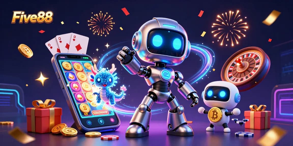 Experience thrilling gameplay at Five88 with vibrant characters and lively casino elements surrounding them.
