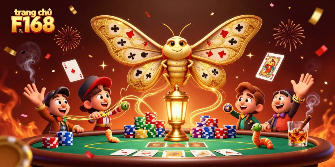 Experience the vibrant energy of trang chủ F168 with a captivating illustration featuring an enchanting moth and casino elements.