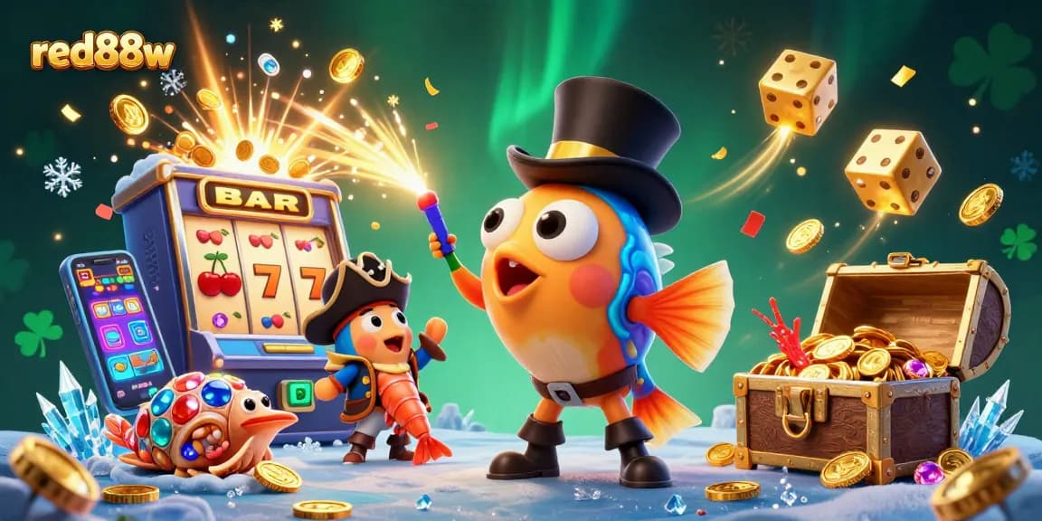 Experience the excitement of red88w with 3D anglerfish and pirate shrimp surrounded by slots and gold!