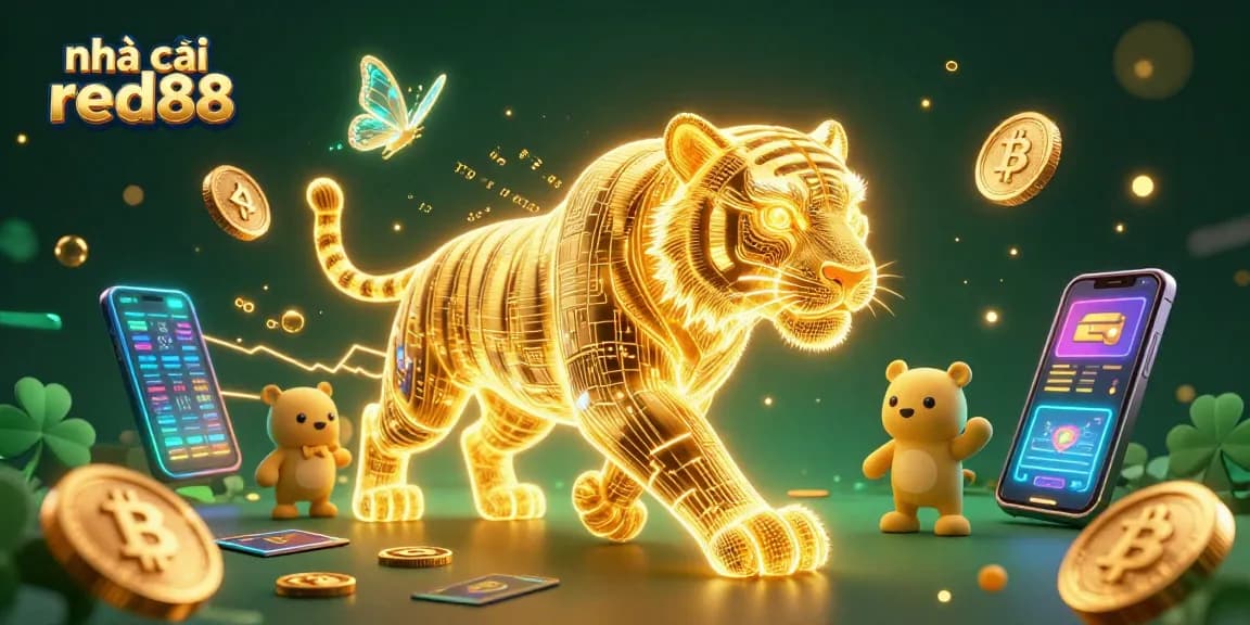 Experience the digital adventure of nhà cái red88 with a vibrant 3D casino scene showcasing crypto elements.
