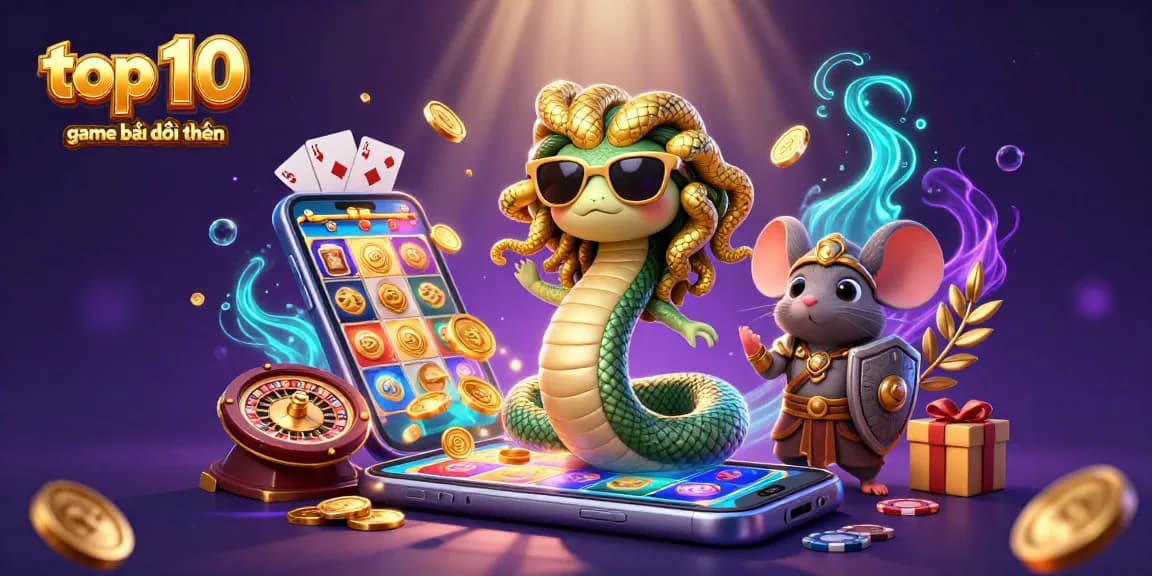 Play thrilling games with the top 10 game bài đổi thưởng, featuring Medusa and golden coins in an exciting casino scene.