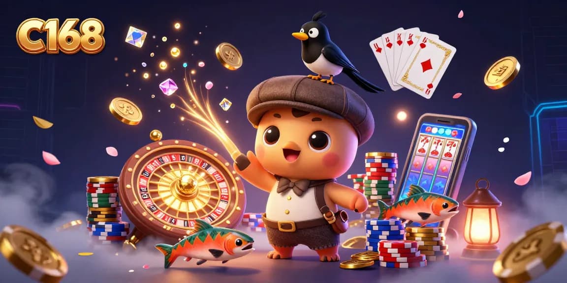 Engage with C168 while spinning the casino wheel as cartoon characters swoop through golden coins and gems.