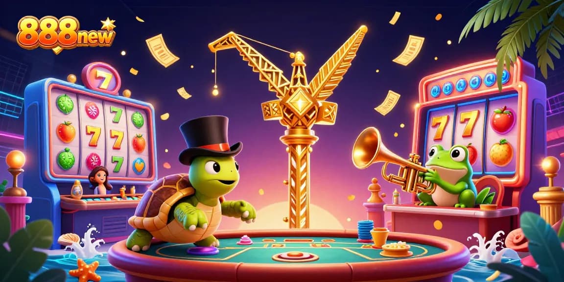 Experience the thrill of 888new with interactive gaming elements and vibrant characters in a dynamic casino scene.