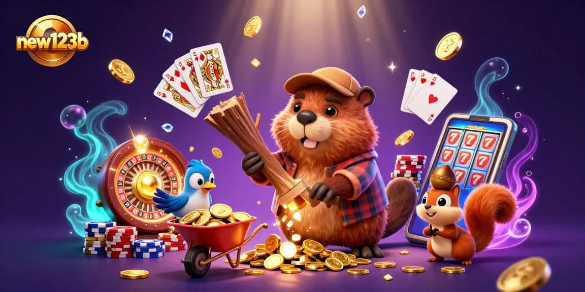 Experience the magic of new123b casino with golden coins flying around as characters engage in exciting games.