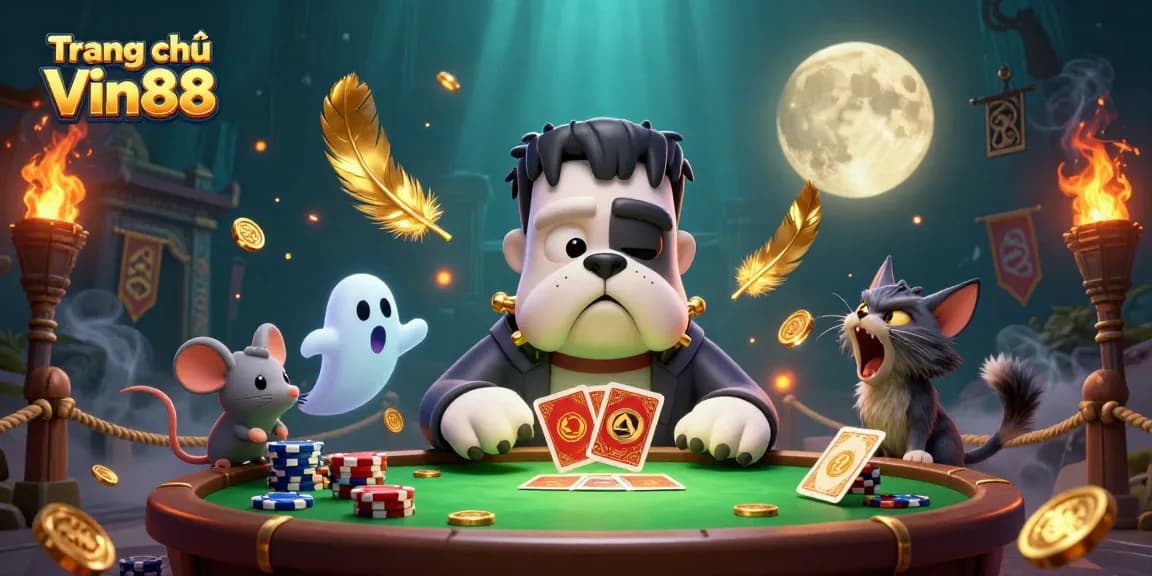 Engage with the thrilling Trang chủ Vin88 experience at a haunted casino table dealing cards with monsters.