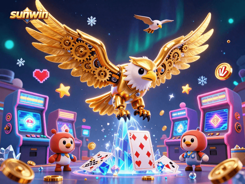 Experience exciting action with sunwin as a golden eagle dives through holographic cards in a vibrant casino.