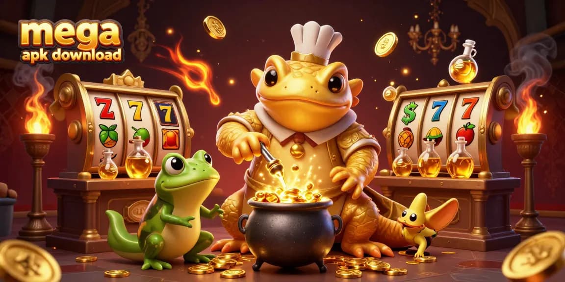 Spin to win with mega apk download, featuring golden alchemist and slot symbols in a dynamic casino setting.