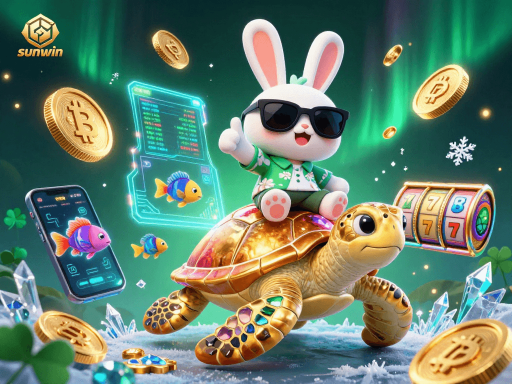 Engage with sunwin's thrilling slots experience featuring a lucky rabbit and sea turtle in a vibrant casino scene.
