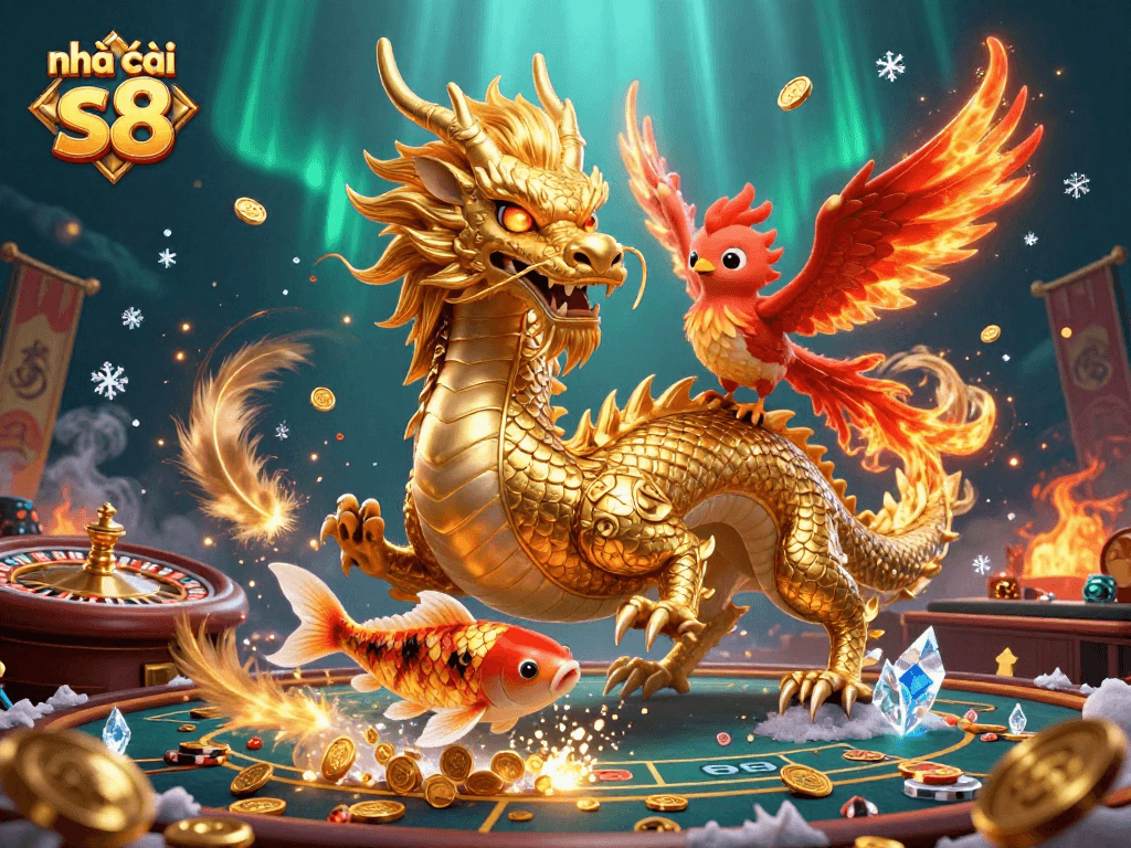 Experience the excitement of nhà cái s8 with a fierce dragon, phoenix, and koi amidst a dynamic casino scene.