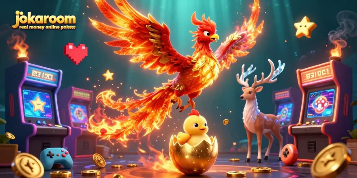 Experience the thrill of jokaroom real money online pokies with a vibrant scene featuring a phoenix, chick, and stag.