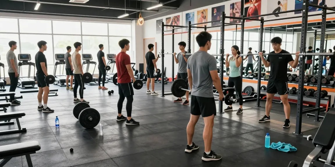 Prime Pharma Steroïden Winkel met fitnessers in moderne gym, inclusief gewichten en apparatuur.