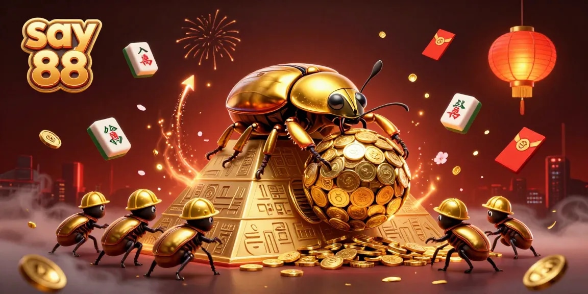 Join in the excitement of say 88 as a golden beetle rolls coins to win in this vibrant casino scene.