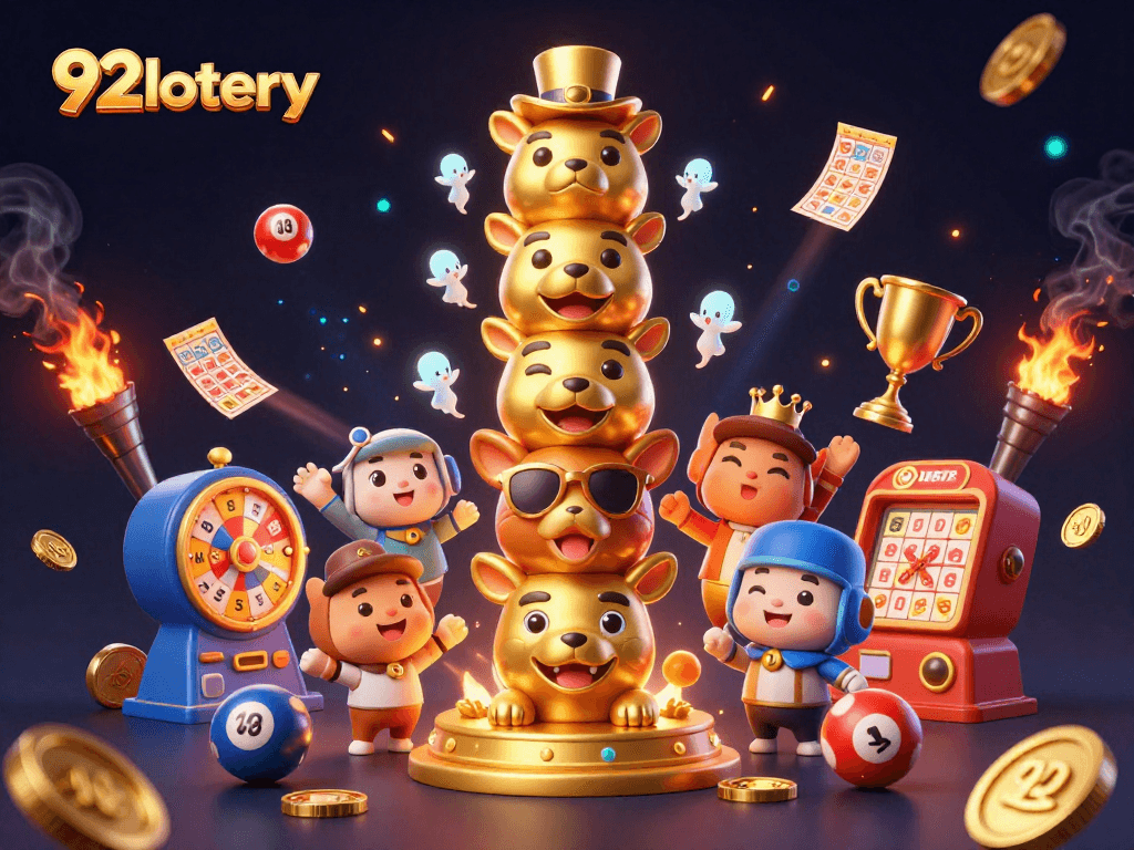 Engage with the exciting lottery experience at 92lottery featuring vibrant 3D characters and dynamic elements.