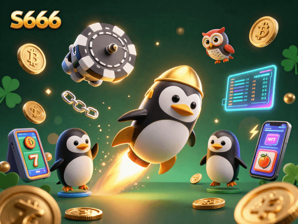 Join the vibrant cosmic journey with S666, a golden penguin racing through a casino galaxy!