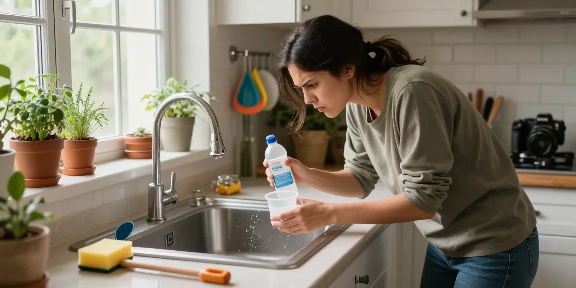 Afvoer verstopt in de keuken, huiseigenaar probeert het probleem op te lossen met huismiddelen zoals baking soda en azijn.