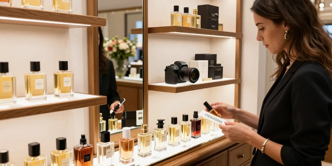 Een vrouw die Paris Corner parfum test in een elegante parfumboutique met stijlvolle displays en warme verlichting.