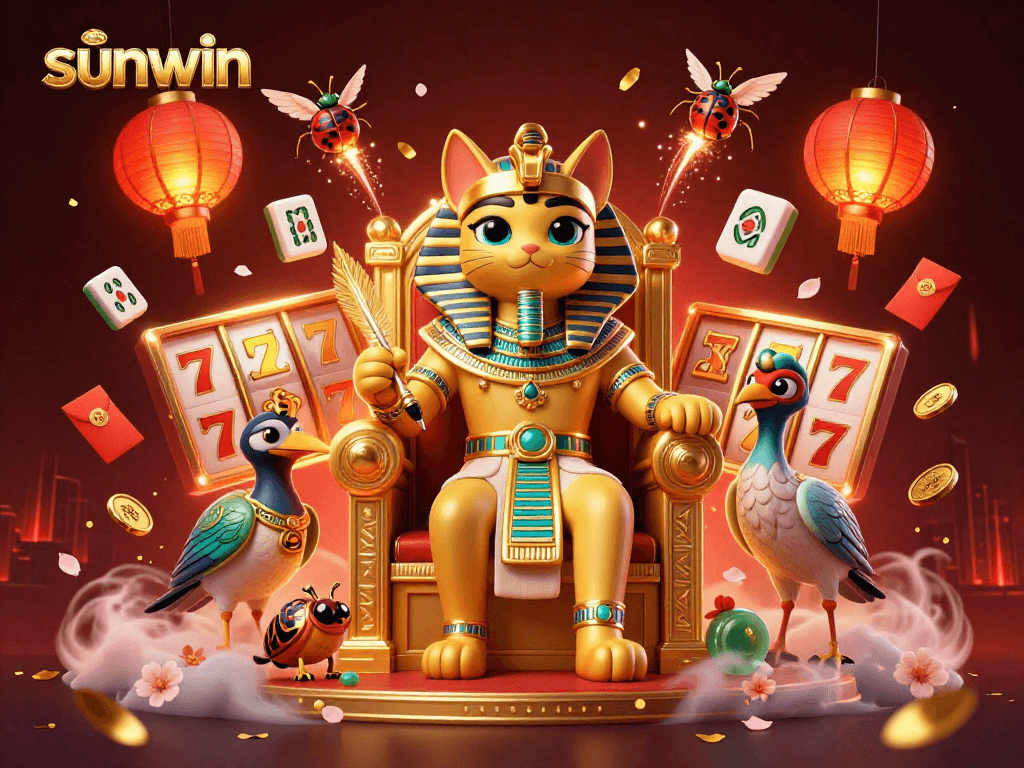 Experience winning spins at sunwin with Egyptian pharaoh cat surrounded by slot reels and festive elements.
