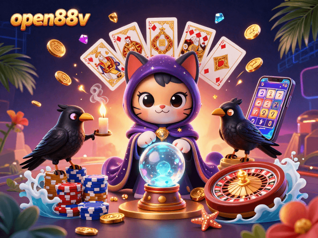 Experience the magic of open88v with a vibrant scene depicting a mystical cat fortune teller and golden casino elements.