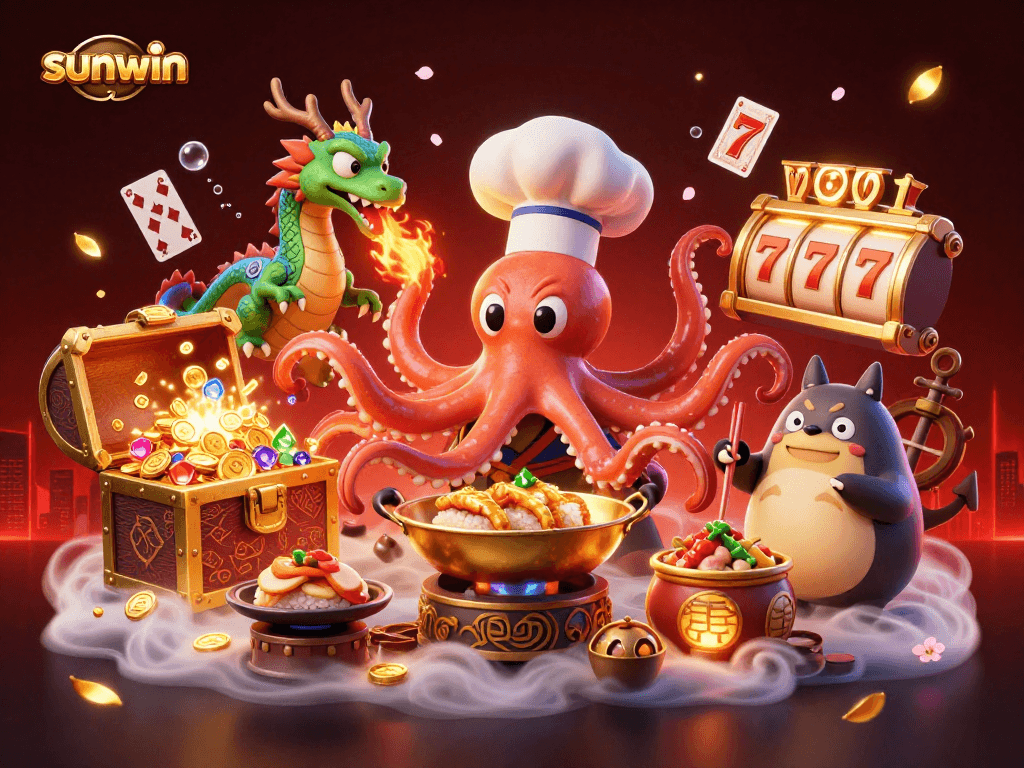 Sunwin showcases a colorful illustration of cartoon characters celebrating big wins in an animated casino scene.