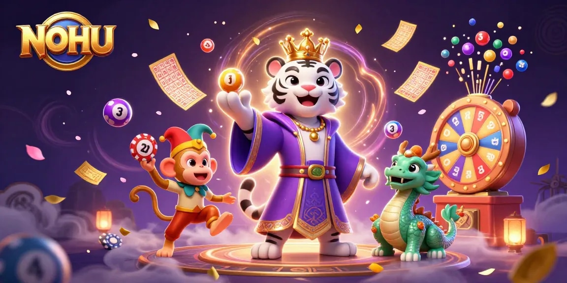 Join the excitement at NOHU with a vibrant casino-themed illustration featuring playful characters and lottery fun.