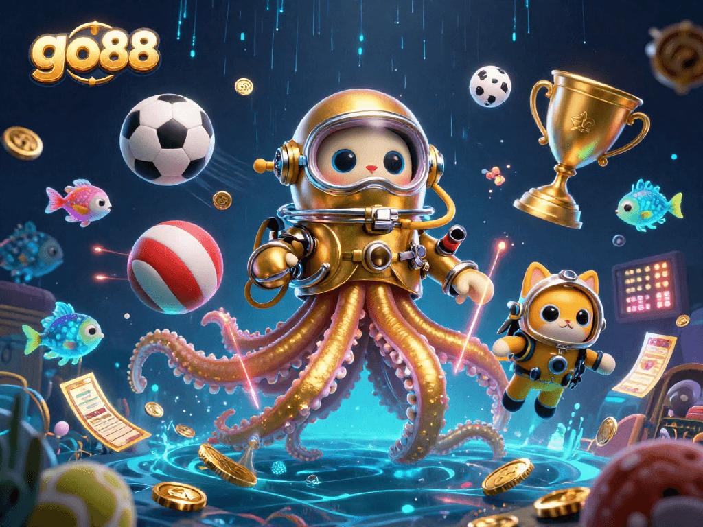 Experience the excitement of go 88 through this thrilling underwater casino adventure illustration.