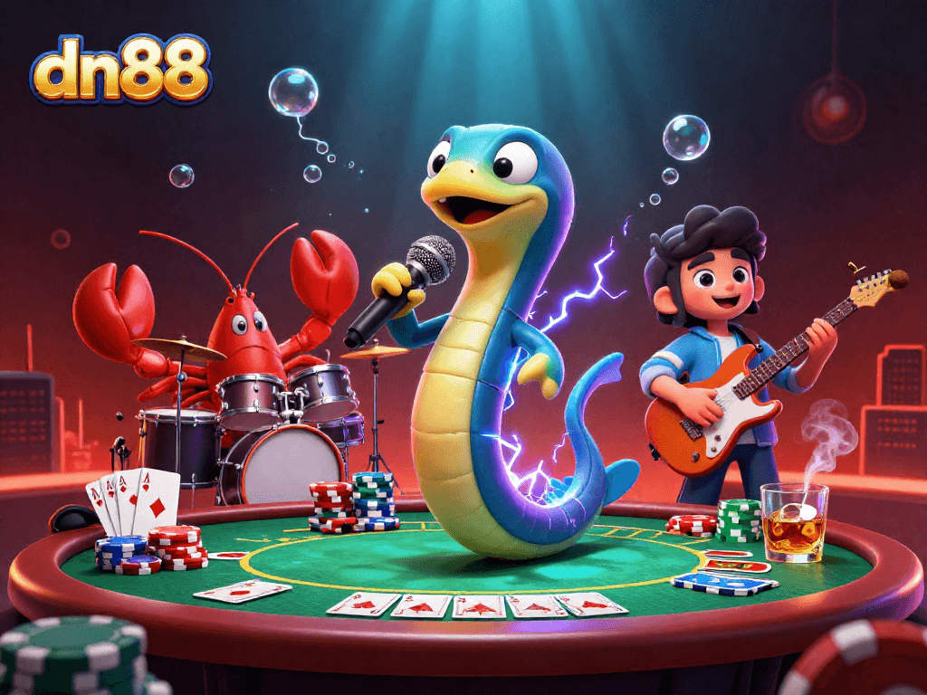 Experience the thrilling underwater casino vibes with dn88 as electric eel DJs amidst vibrant poker elements.