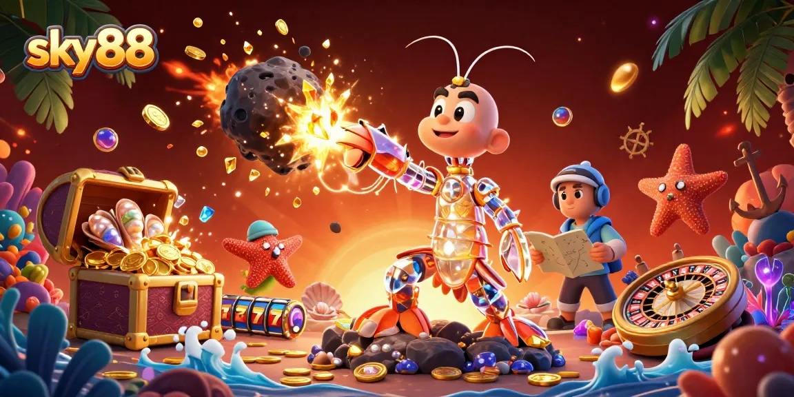 Engage with sky88's vibrant casino world, featuring a mantis shrimp and starfish amidst golden gems and dynamic gambling elements.
