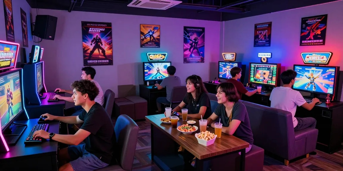 Exciting gaming scene at oxbet com entertainment center with friends enjoying gaming consoles.