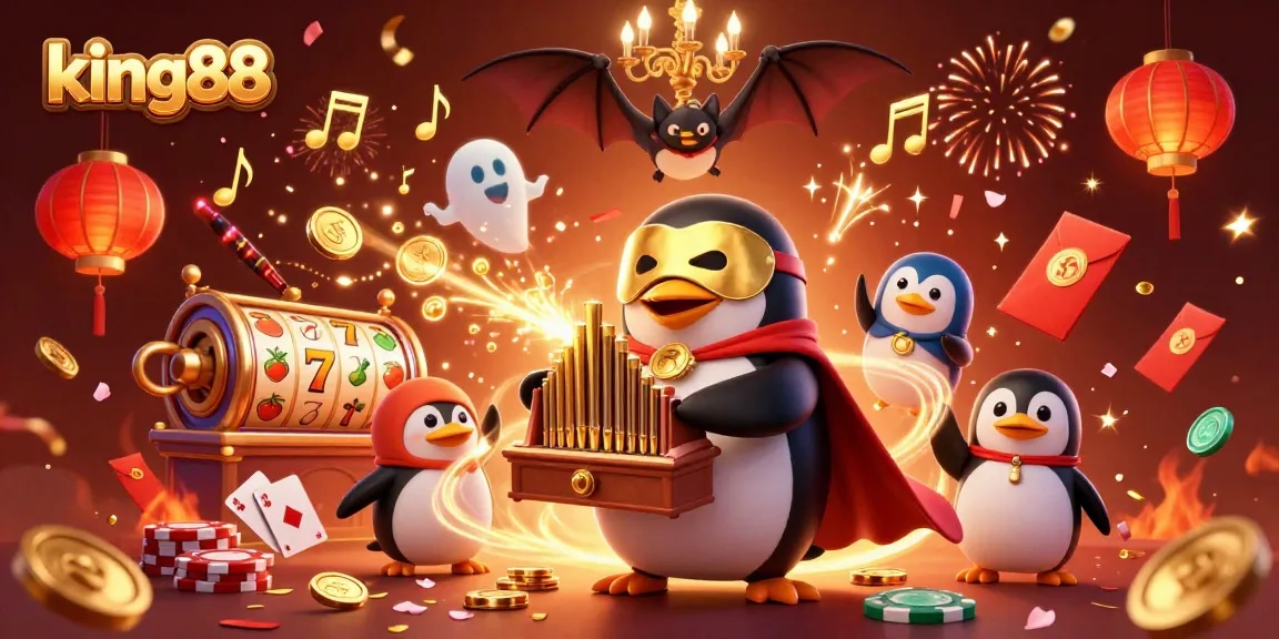 Celebrate wins at king88 online casino with vibrant 3D art of a penguin organist and dynamic slot elements.